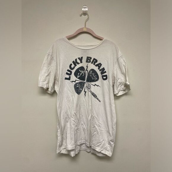 Lucky Brand Guitar Pick Amp Style White and Green Graphic Tee SZ L - Picture 1 of 5